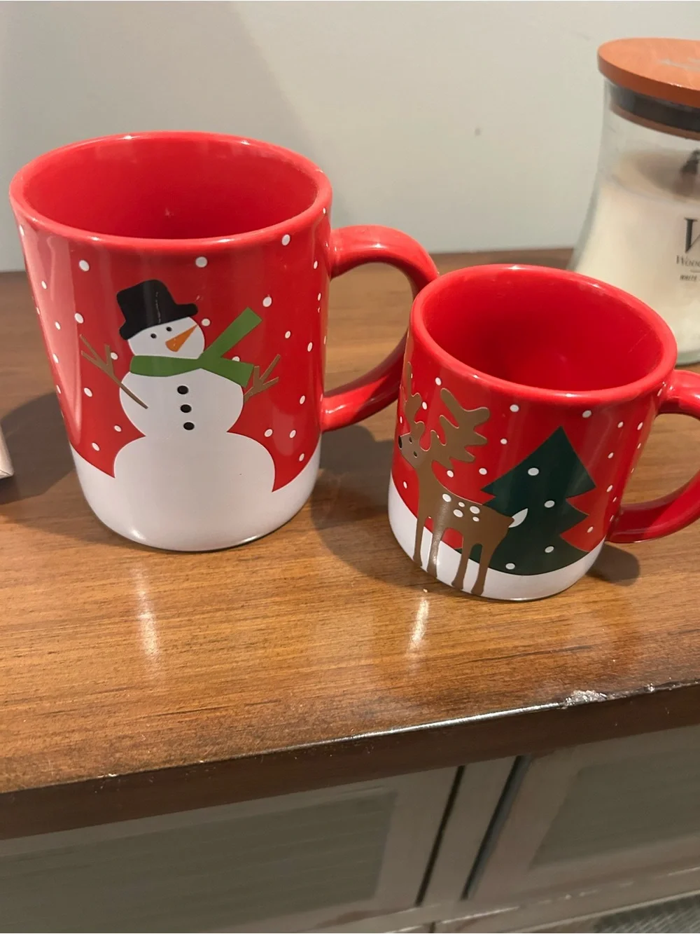 Crate&Barrel Red Ceramic Mugs with Green Tree Motif